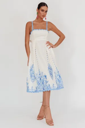 Asami Floral Print Ric Rac Trim Midi Dress Blue