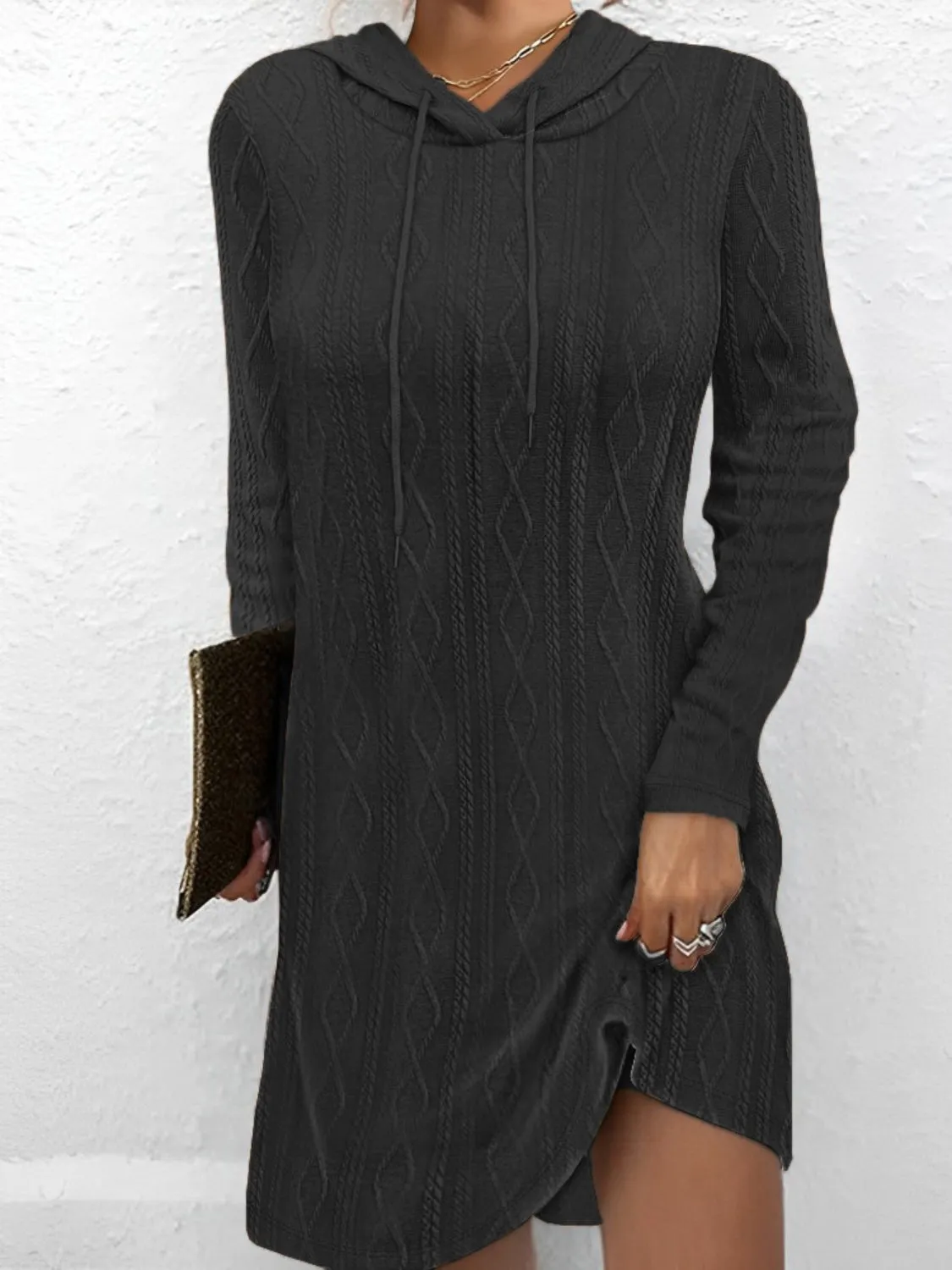 Autumn Drawstring Hooded Sweater Dress