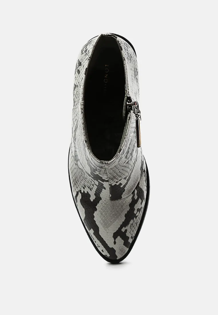 avishag snake skin print block stacked heel ankle boots