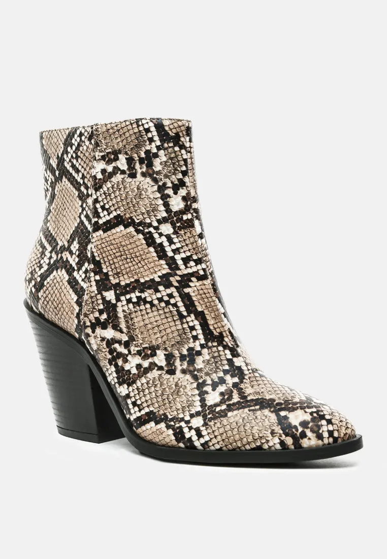 avishag snake skin print block stacked heel ankle boots