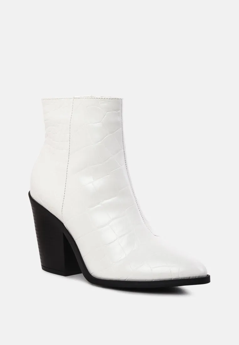 avishag snake skin print block stacked heel ankle boots