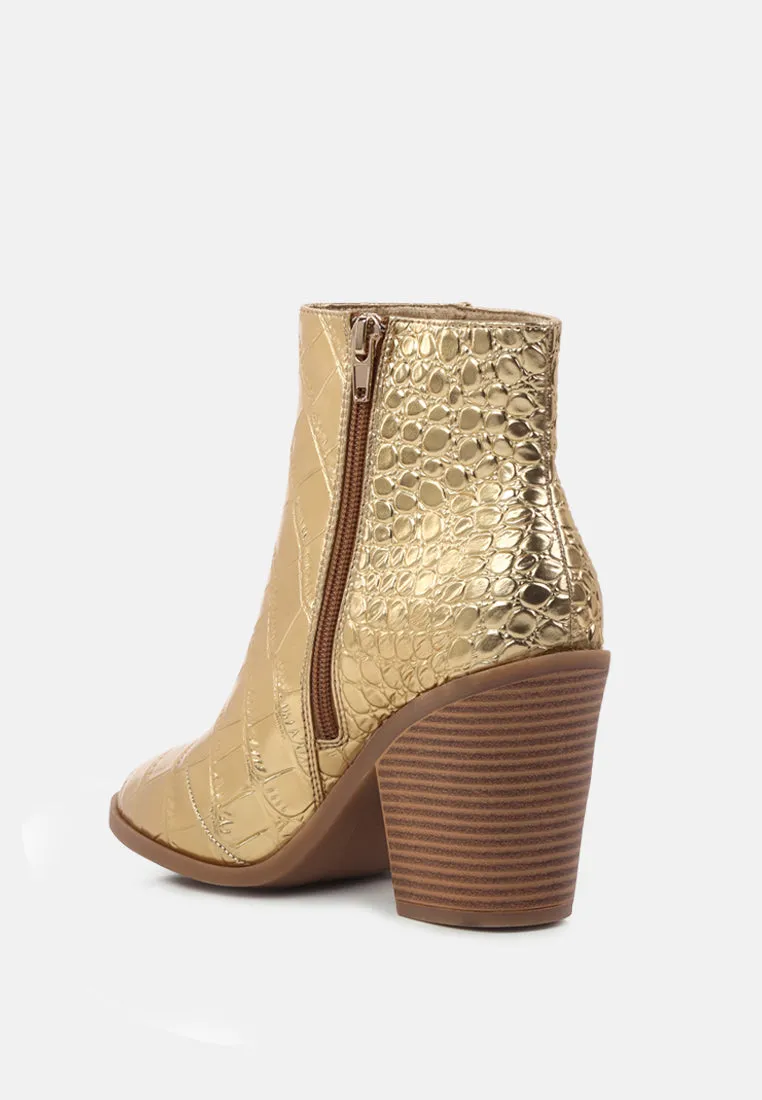avishag snake skin print block stacked heel ankle boots