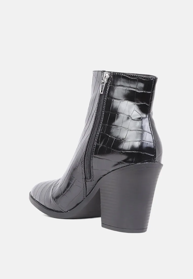 avishag snake skin print block stacked heel ankle boots
