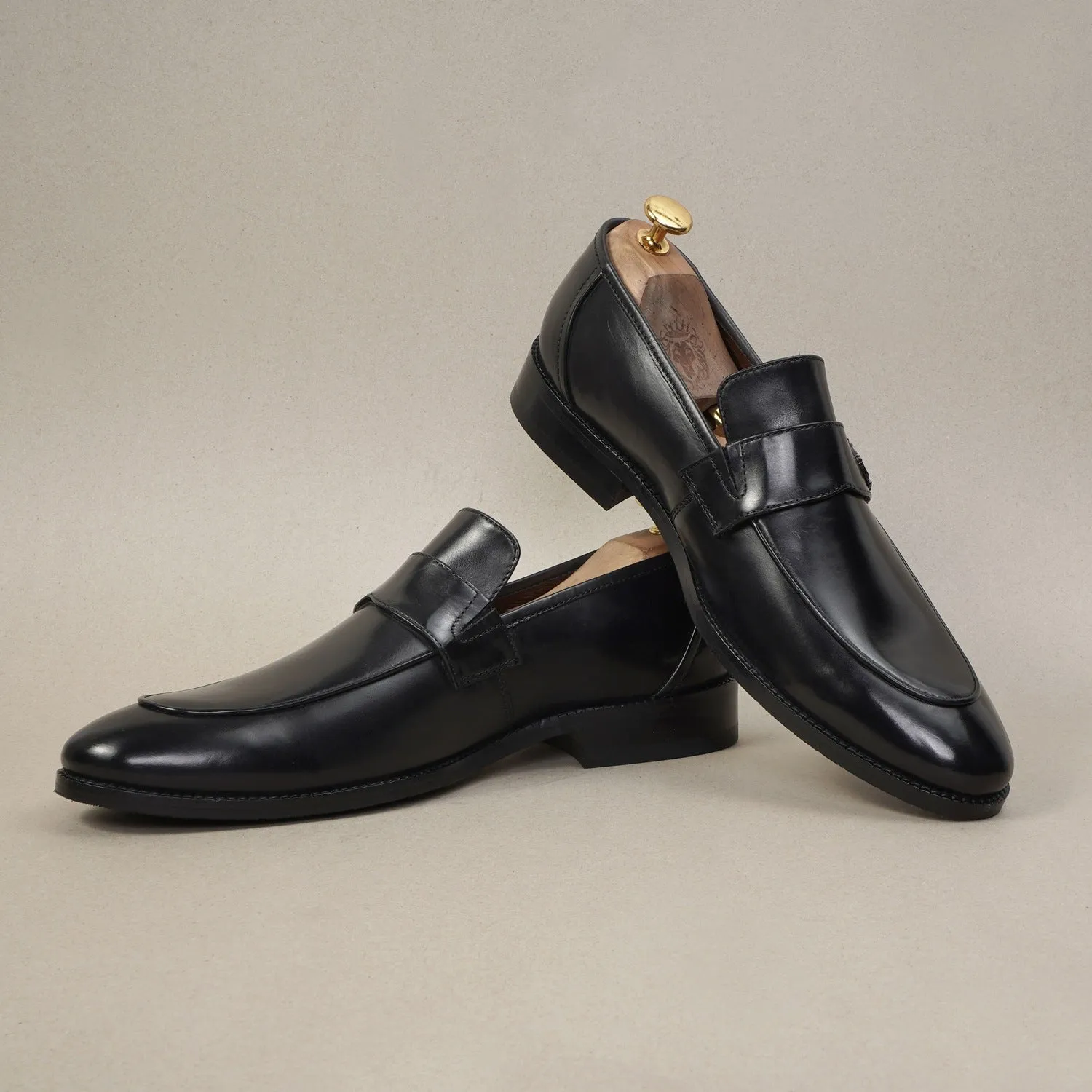Black Formal Slip on with Gun Metal Lion Logo