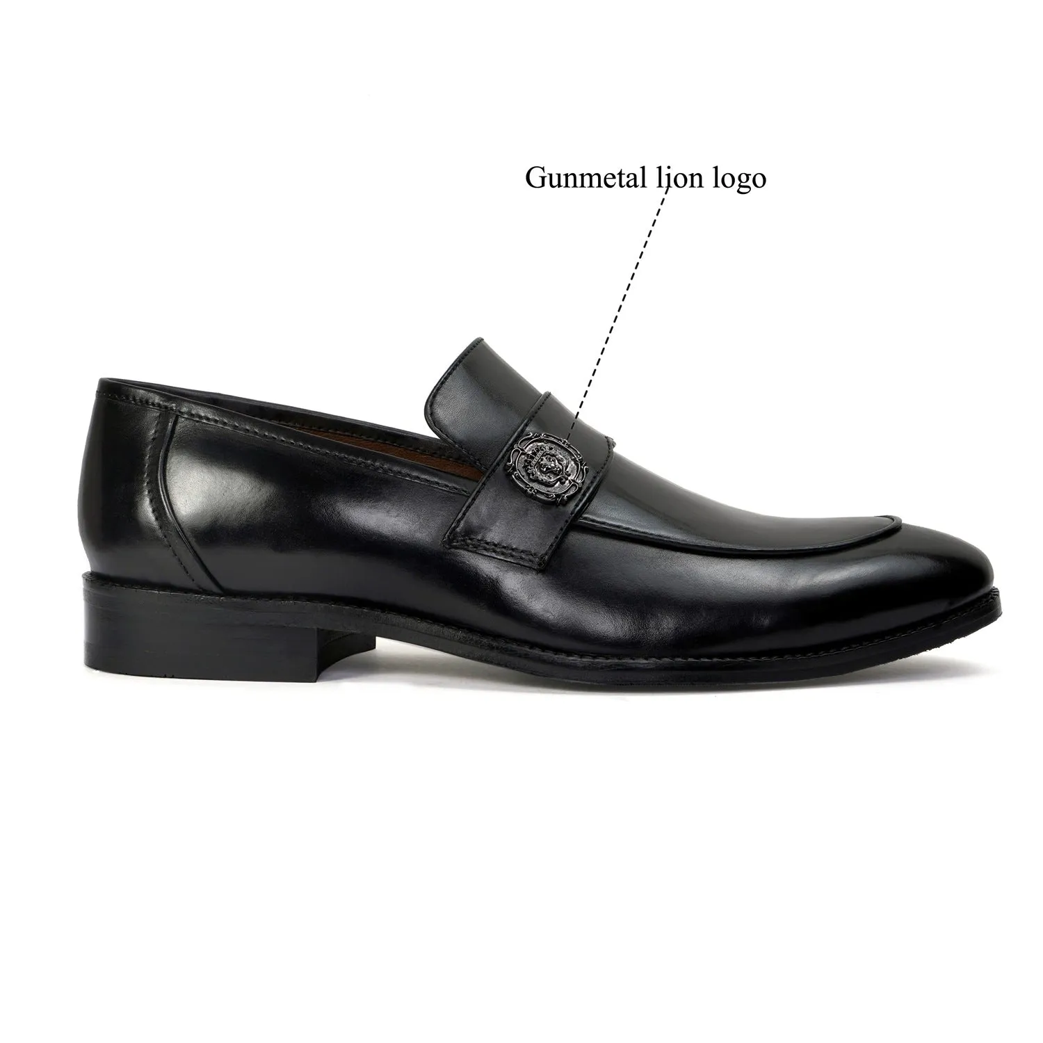 Black Formal Slip on with Gun Metal Lion Logo