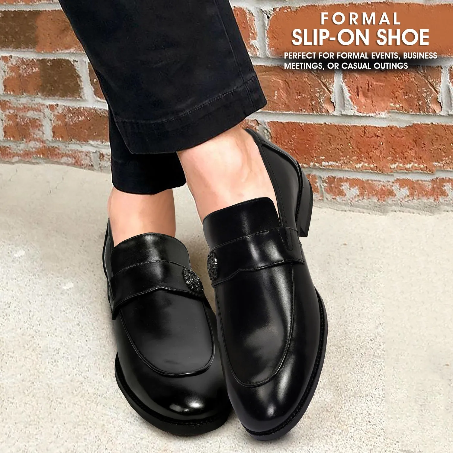 Black Formal Slip on with Gun Metal Lion Logo