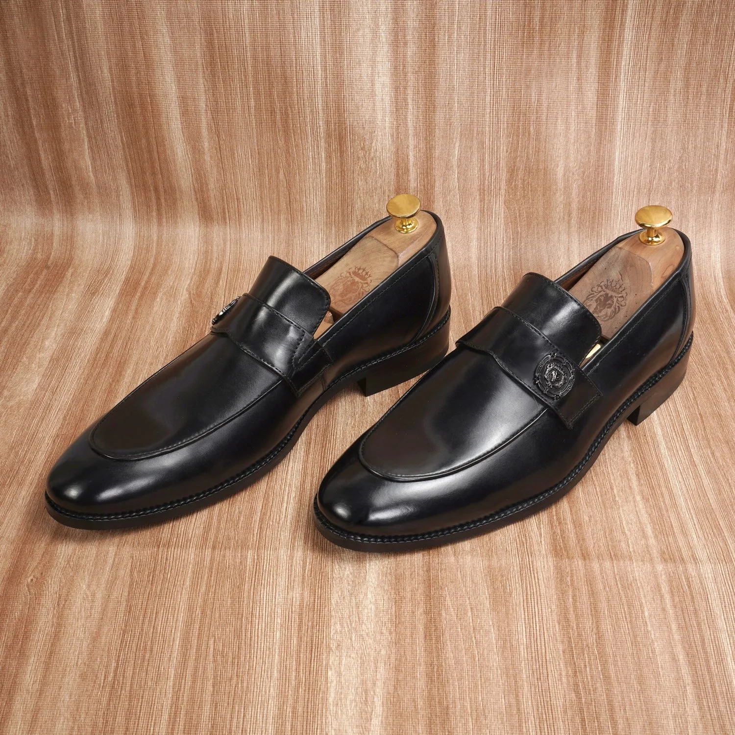 Black Formal Slip on with Gun Metal Lion Logo