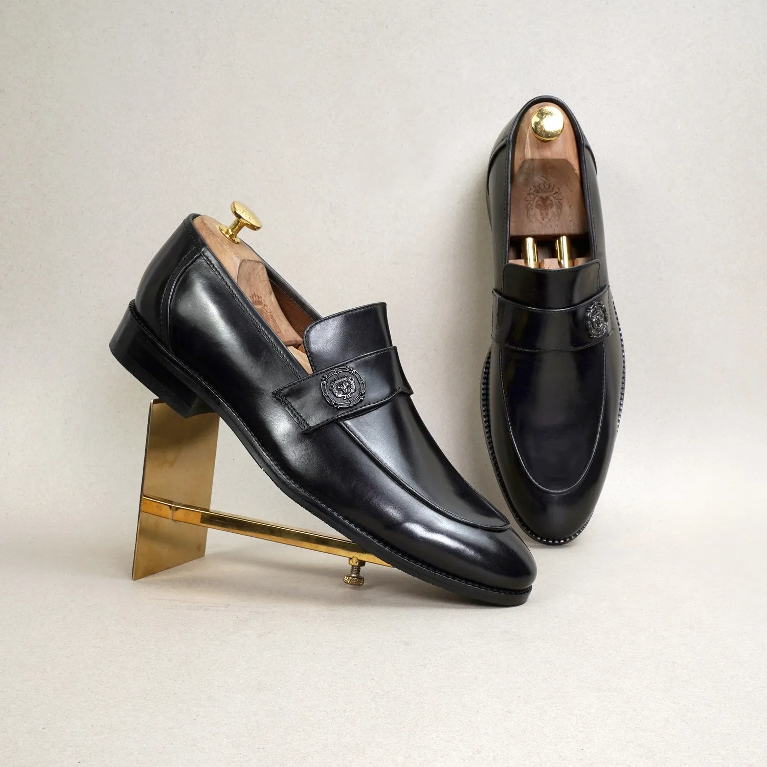 Black Formal Slip on with Gun Metal Lion Logo