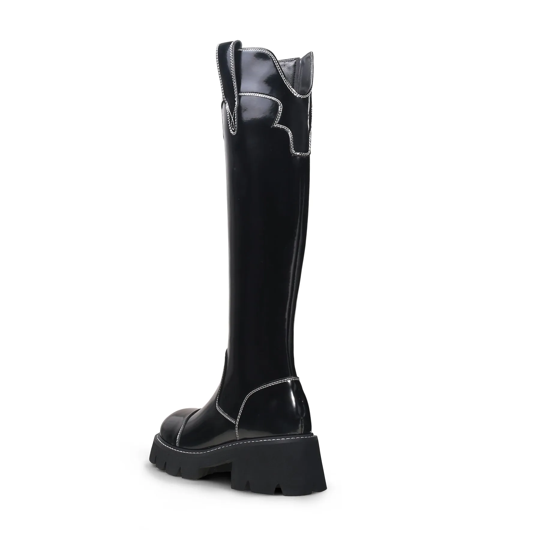 Black Paint Leather Knee High Cowgirl Boot