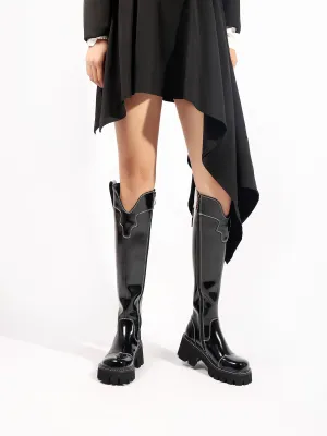 Black Paint Leather Knee High Cowgirl Boot