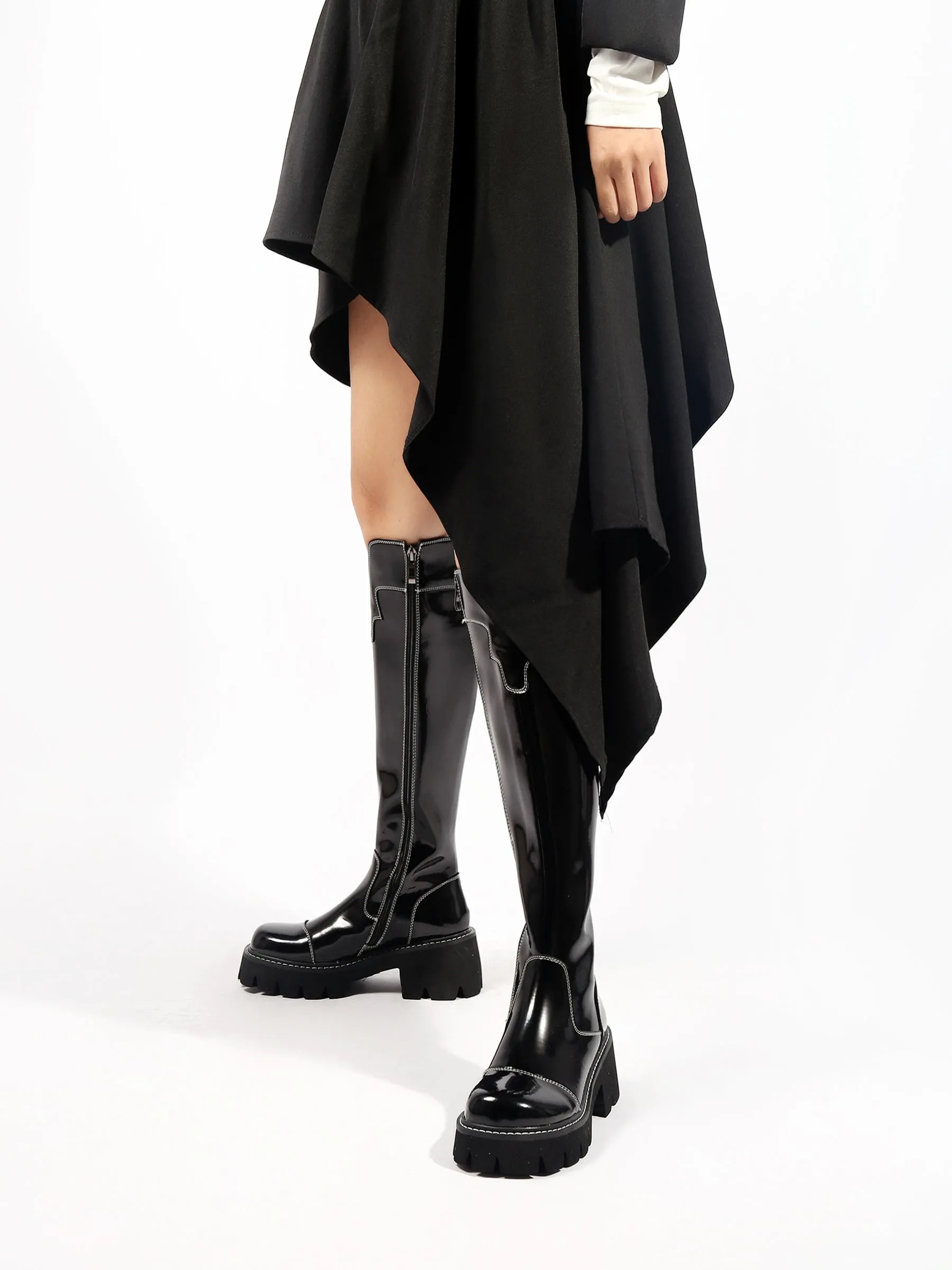 Black Paint Leather Knee High Cowgirl Boot