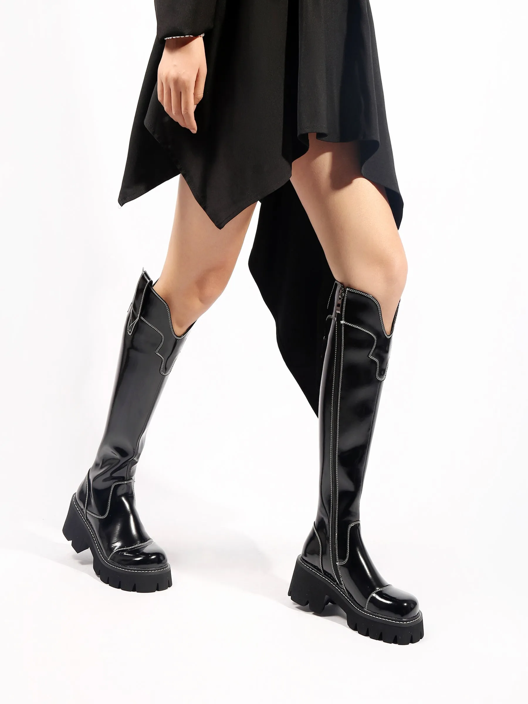 Black Paint Leather Knee High Cowgirl Boot