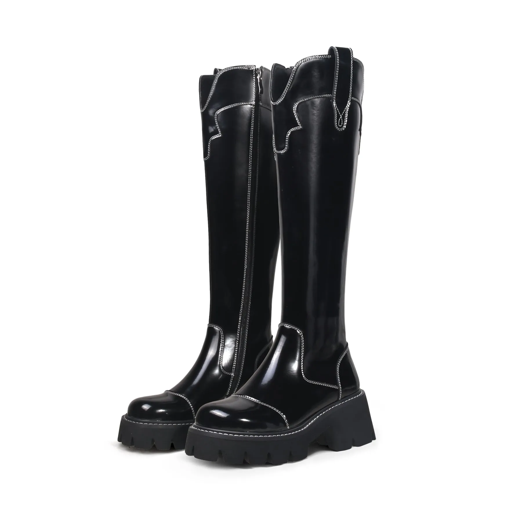 Black Paint Leather Knee High Cowgirl Boot
