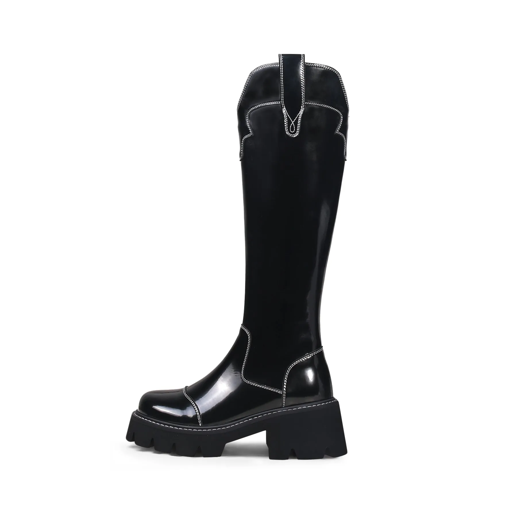 Black Paint Leather Knee High Cowgirl Boot