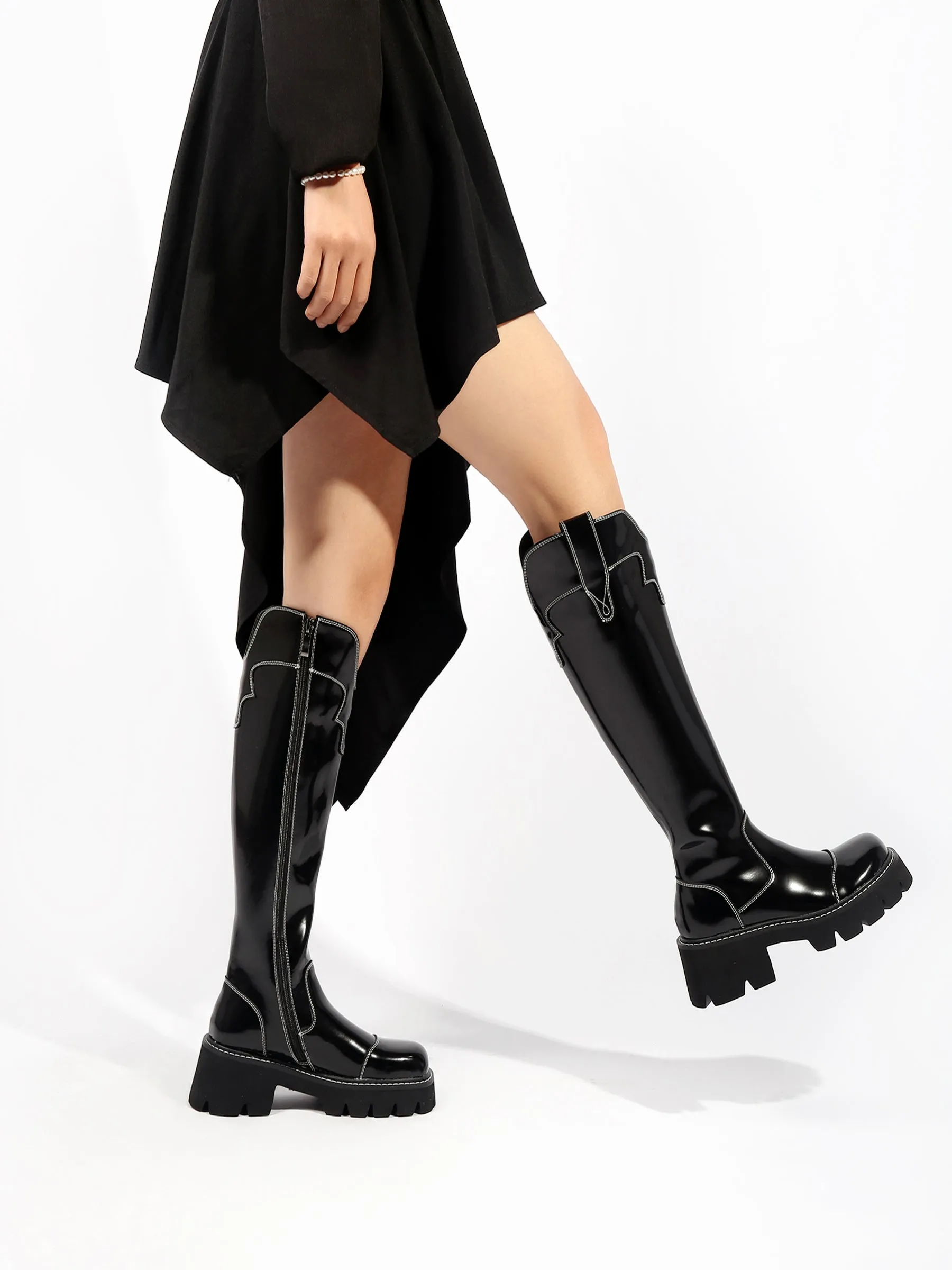 Black Paint Leather Knee High Cowgirl Boot