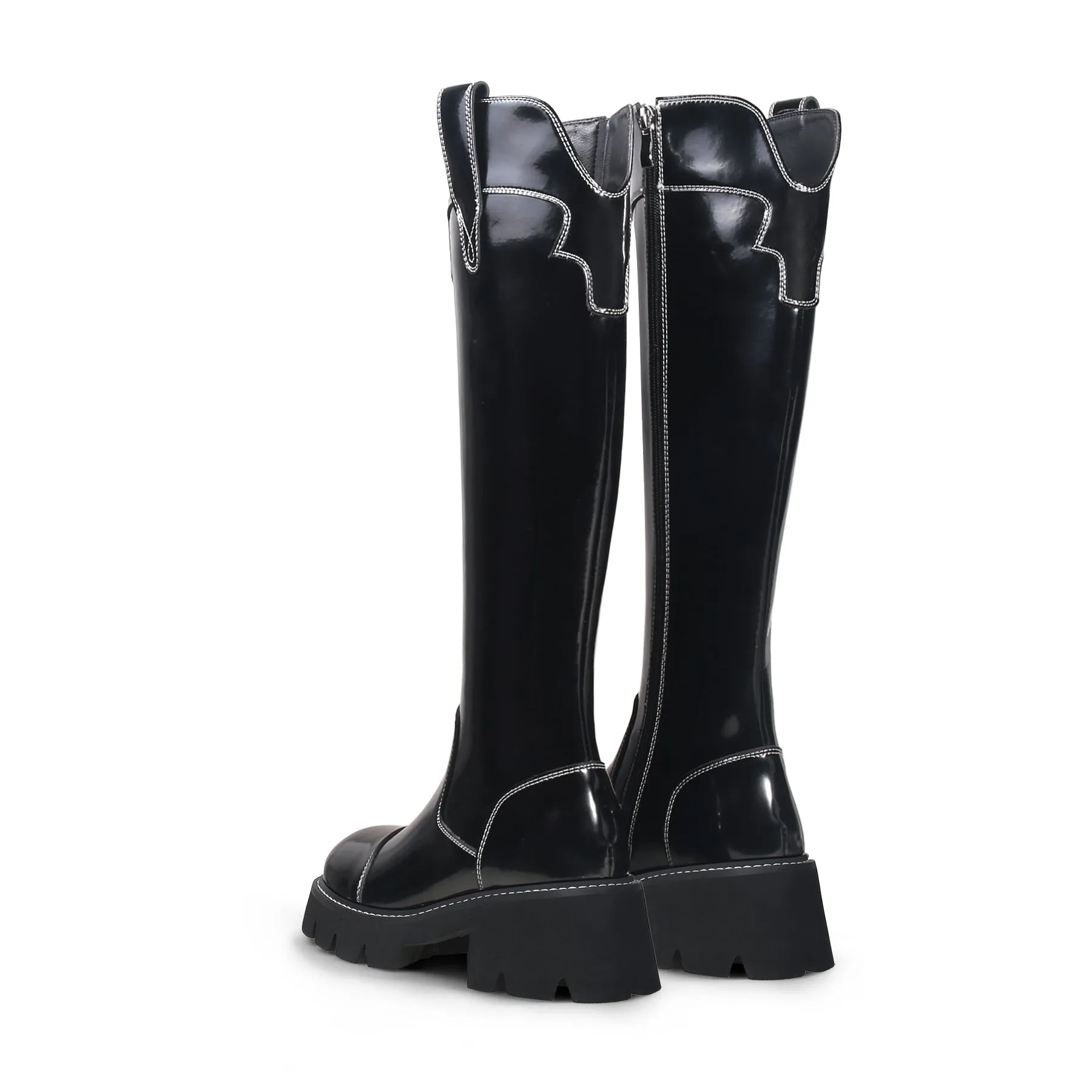 Black Paint Leather Knee High Cowgirl Boot