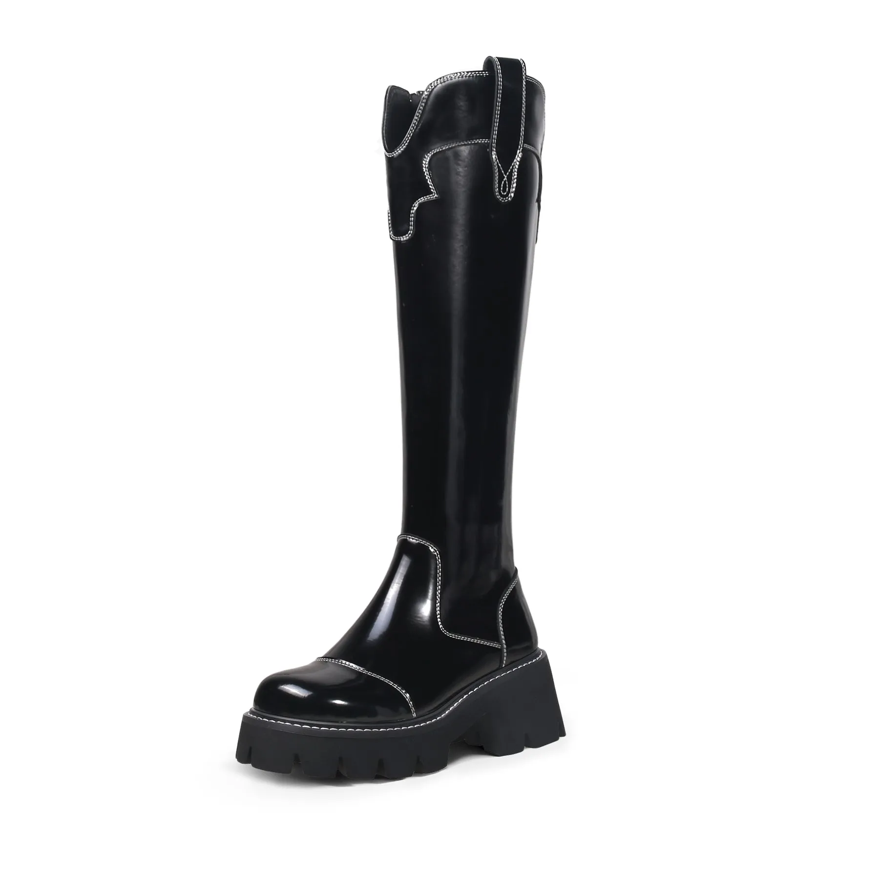 Black Paint Leather Knee High Cowgirl Boot