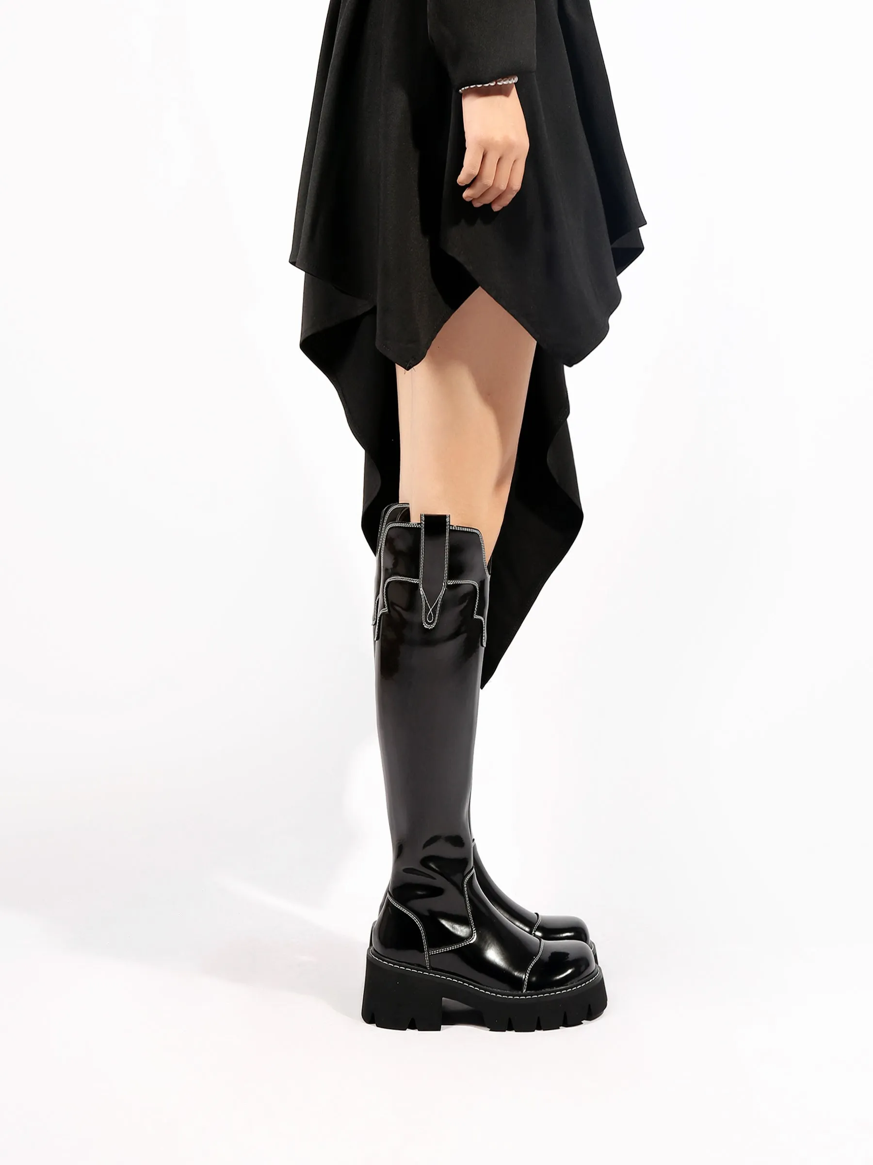 Black Paint Leather Knee High Cowgirl Boot