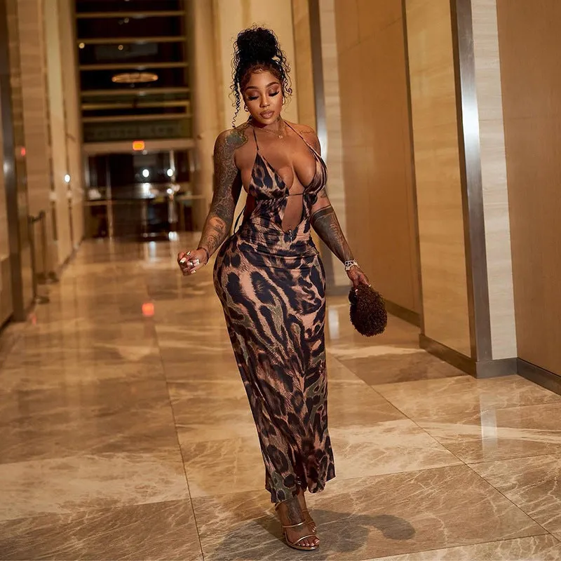 Bold Leopard Print Halter Neck Lace-Up Maxi Dress for Summer Elegance