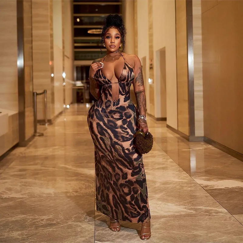 Bold Leopard Print Halter Neck Lace-Up Maxi Dress for Summer Elegance