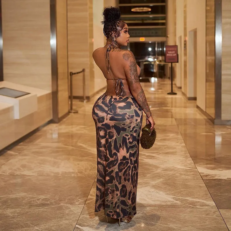 Bold Leopard Print Halter Neck Lace-Up Maxi Dress for Summer Elegance