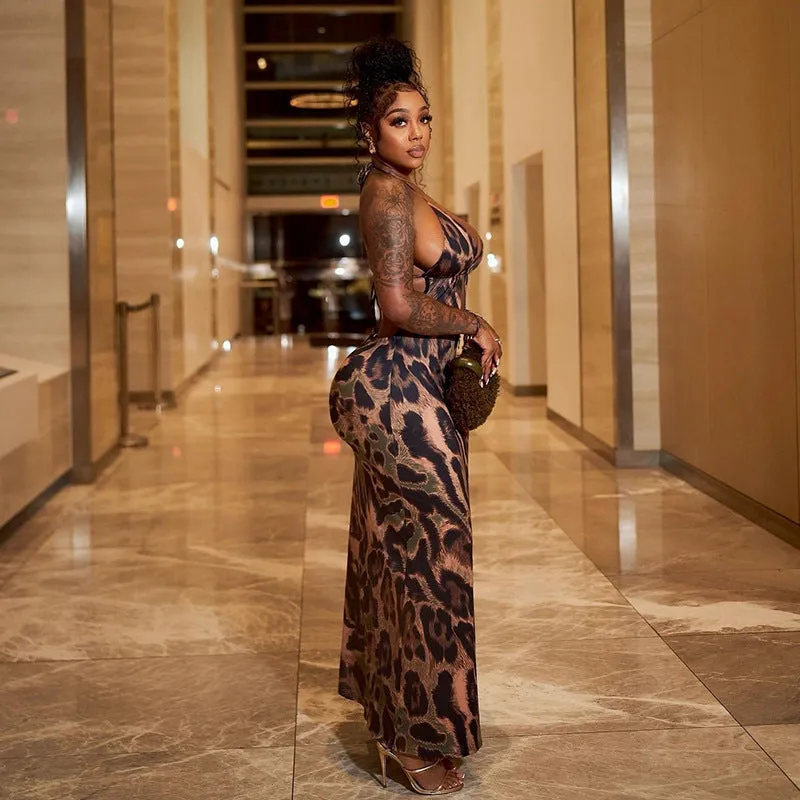 Bold Leopard Print Halter Neck Lace-Up Maxi Dress for Summer Elegance