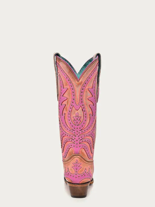 C3970 - WOMEN'S PINK FLOURESCENT EMBROIDERY AND STUDS SNIP TOE COWBOY BOOT