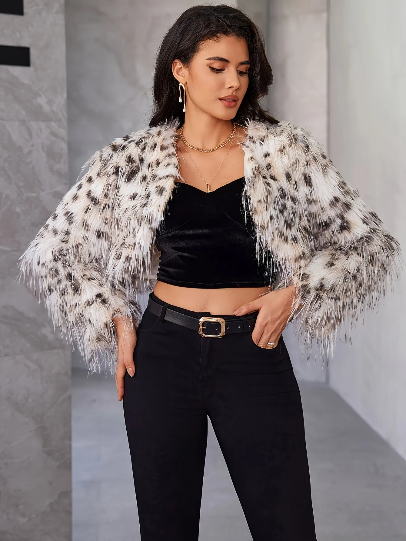 Chic Camo Faux Fur Jacket Short Warm Stylish