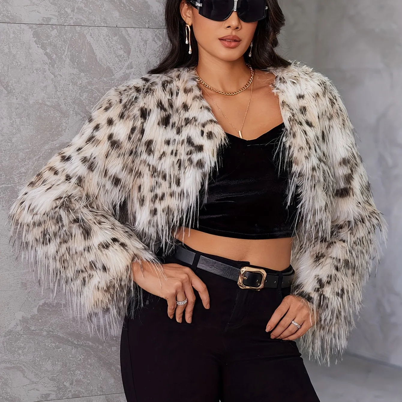 Chic Camo Faux Fur Jacket Short Warm Stylish