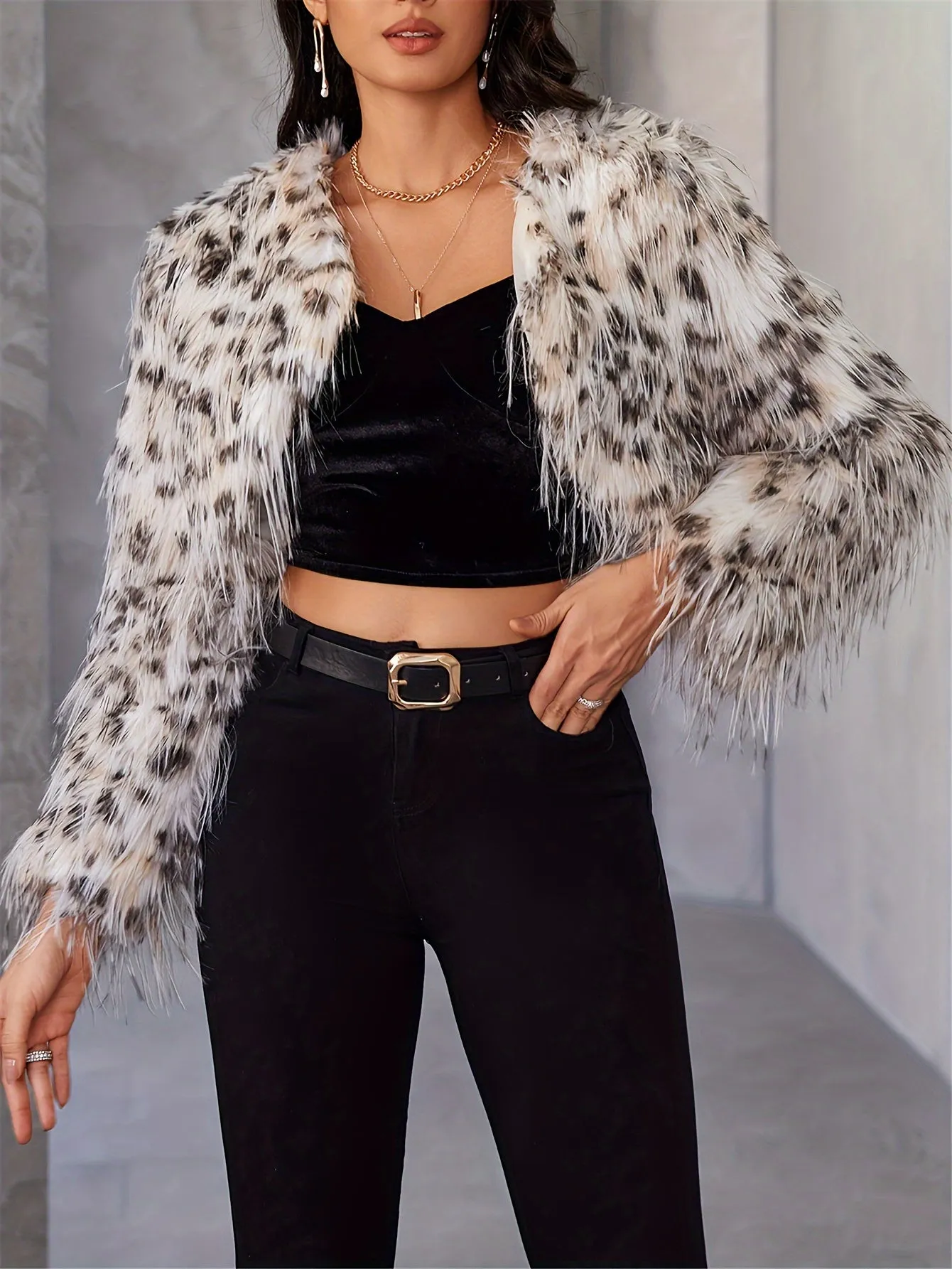 Chic Camo Faux Fur Jacket Short Warm Stylish