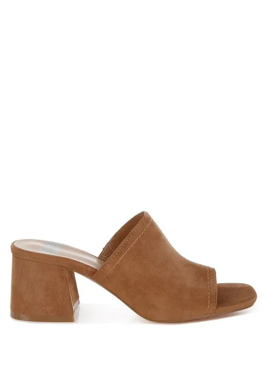 Citarum Suede Leather Slip Ons - Tan Block Heel, Square Toe