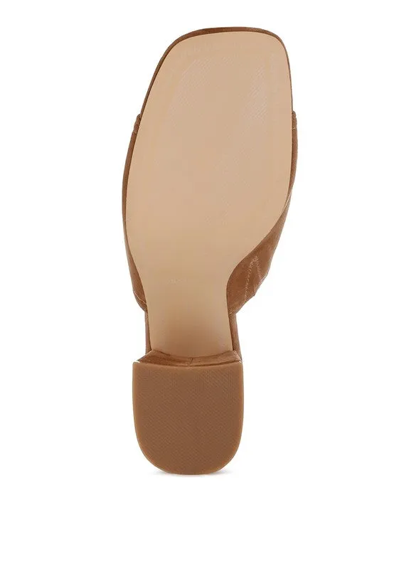 Citarum Suede Leather Slip Ons - Tan Block Heel, Square Toe