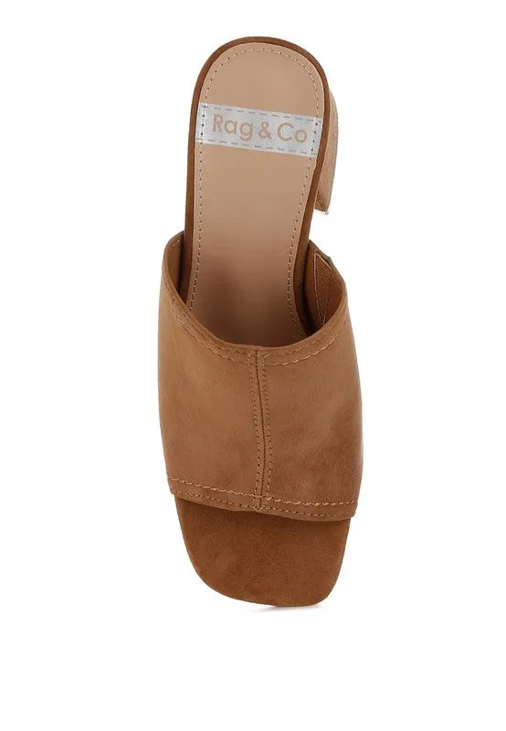 Citarum Suede Leather Slip Ons - Tan Block Heel, Square Toe