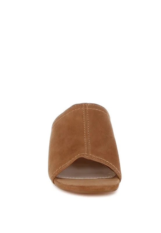 Citarum Suede Leather Slip Ons - Tan Block Heel, Square Toe
