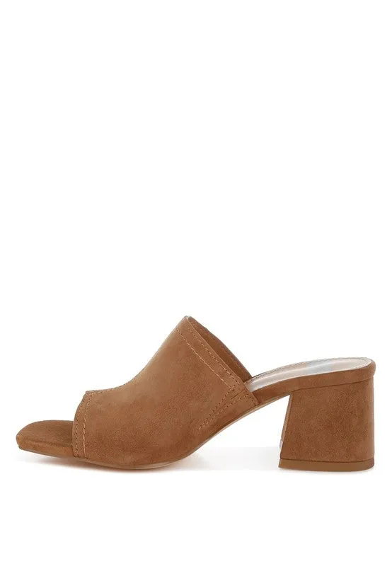 Citarum Suede Leather Slip Ons - Tan Block Heel, Square Toe