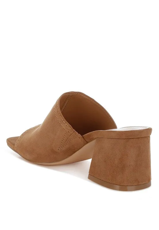 Citarum Suede Leather Slip Ons - Tan Block Heel, Square Toe