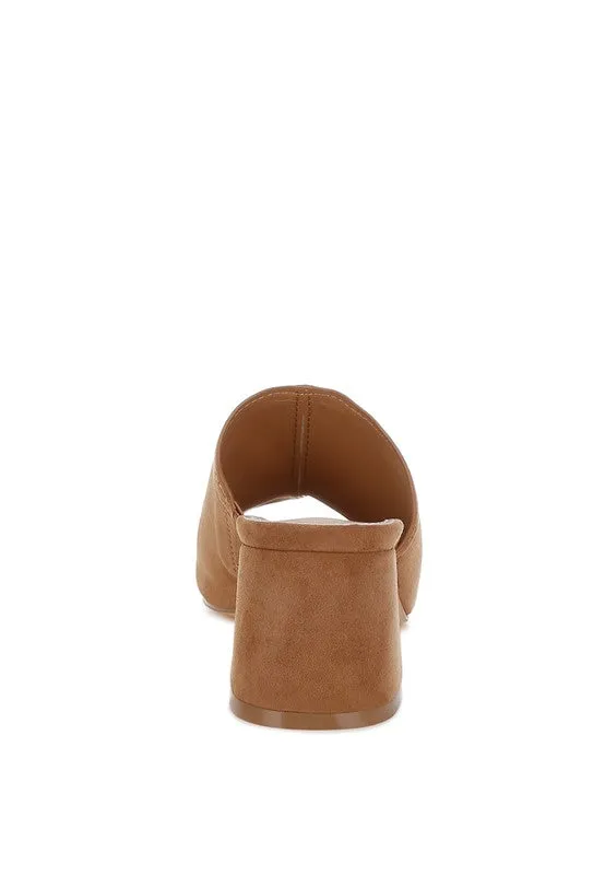 Citarum Suede Leather Slip Ons - Tan Block Heel, Square Toe