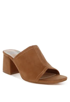 Citarum Suede Leather Slip Ons - Tan Block Heel, Square Toe