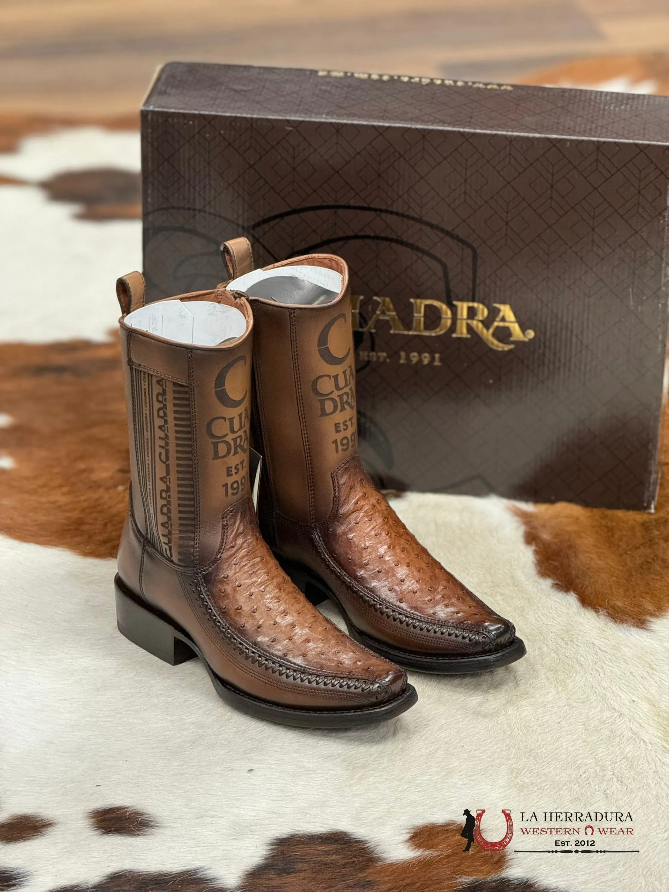 CUADRA SHORT BOOT OSTRITCH MORONI CHESTNUT LASER & WOVEN NARROW SQUARE TOE- 1J2KA1