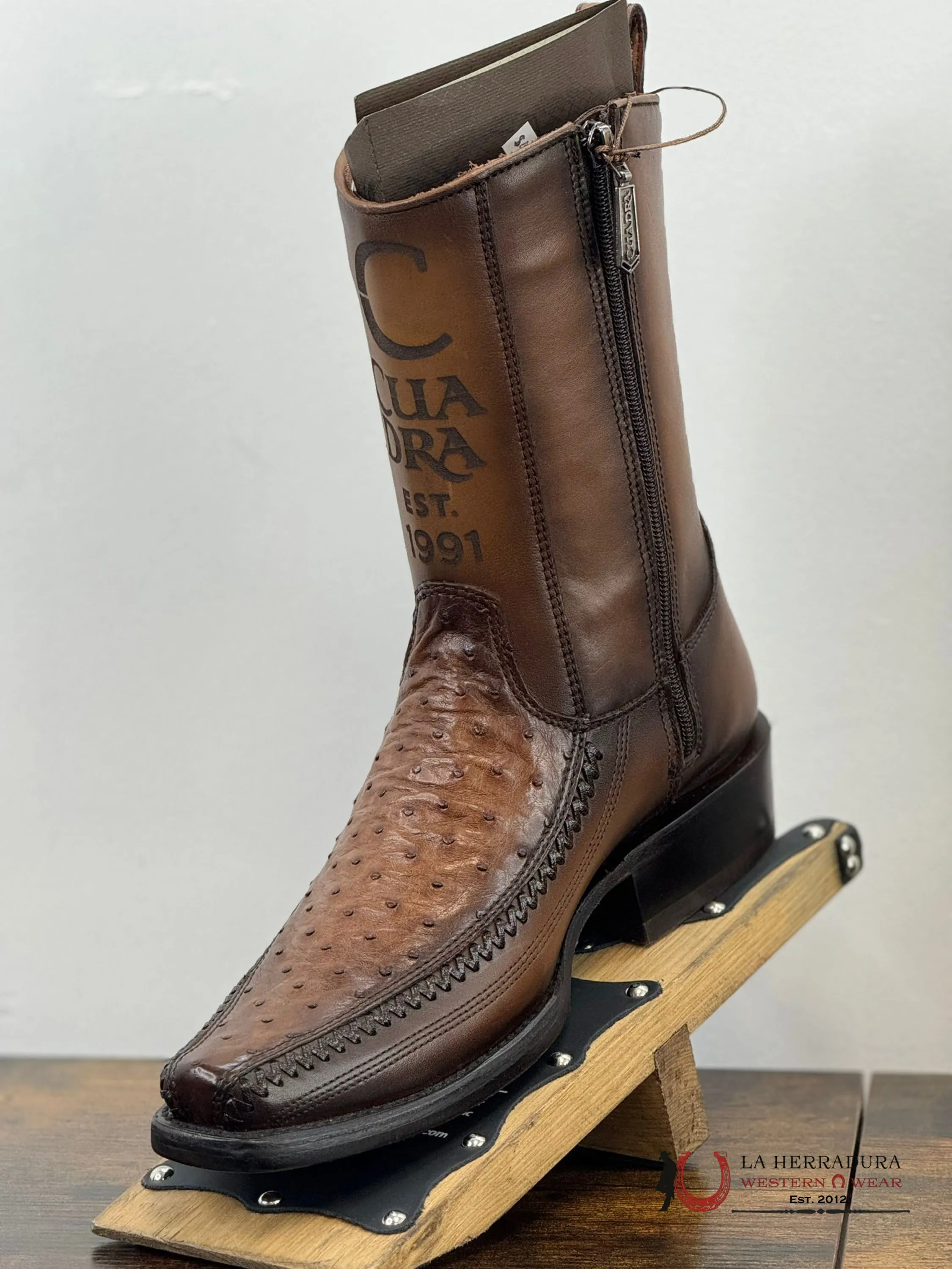 CUADRA SHORT BOOT OSTRITCH MORONI CHESTNUT LASER & WOVEN NARROW SQUARE TOE- 1J2KA1