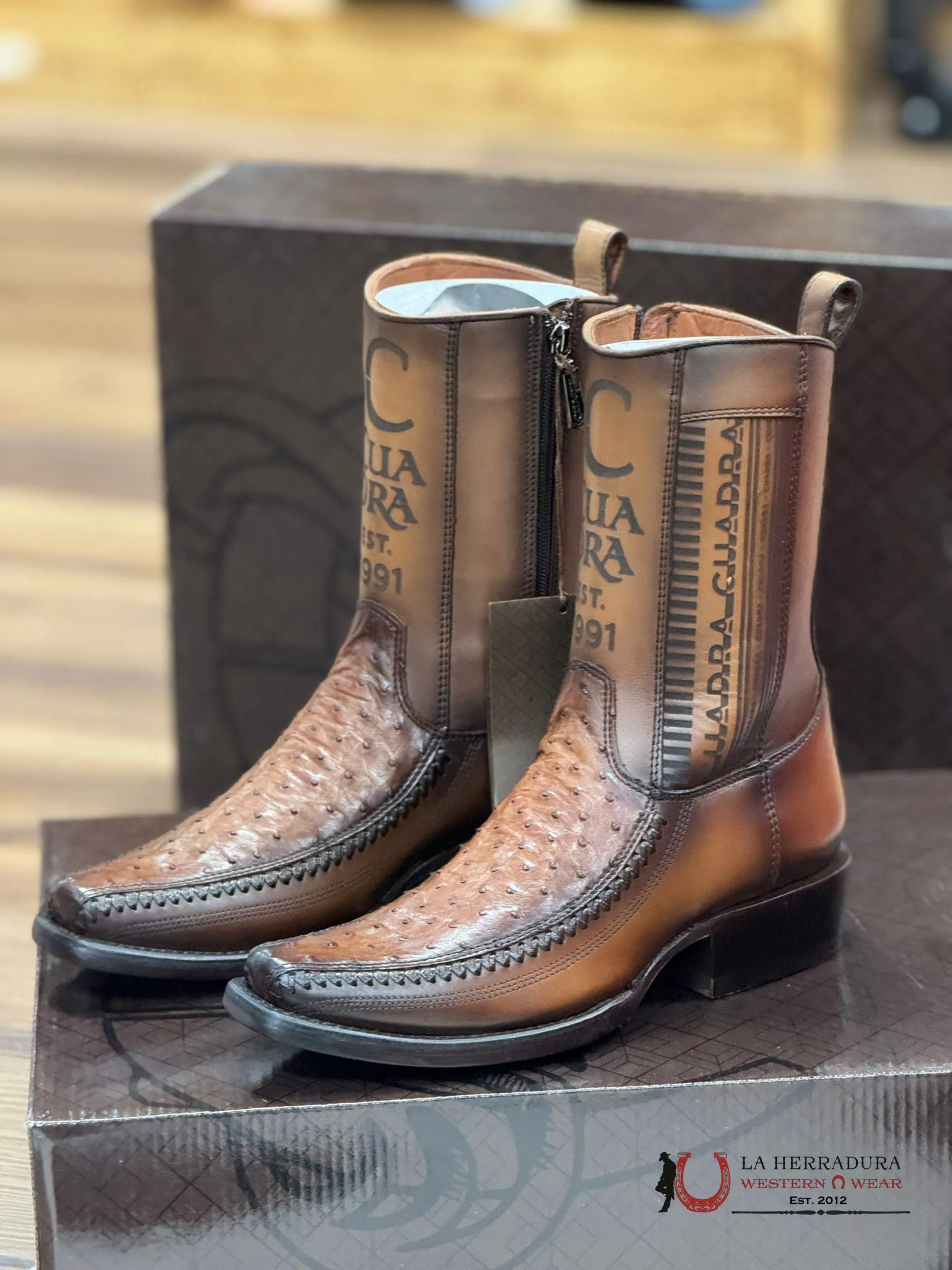CUADRA SHORT BOOT OSTRITCH MORONI CHESTNUT LASER & WOVEN NARROW SQUARE TOE- 1J2KA1