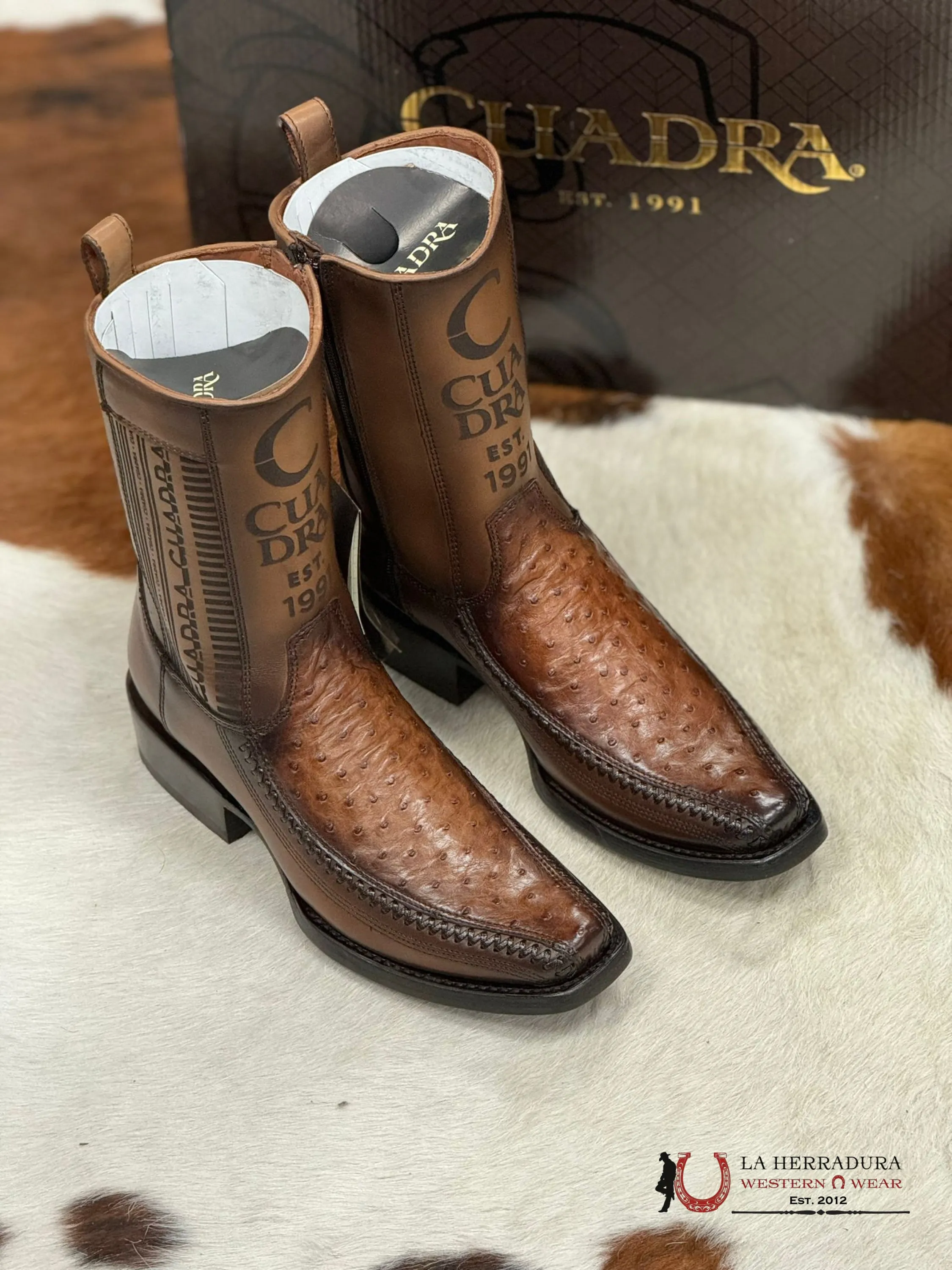 CUADRA SHORT BOOT OSTRITCH MORONI CHESTNUT LASER & WOVEN NARROW SQUARE TOE- 1J2KA1