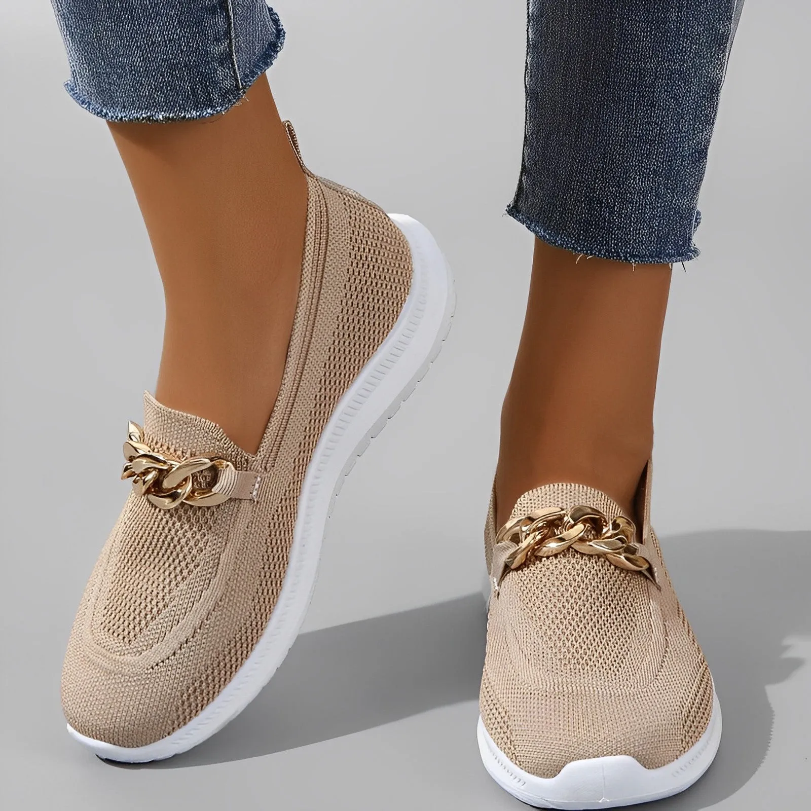 Damen-Mesh-Loafer mit Kette: Atmungsaktive, leichte Slip-Ons