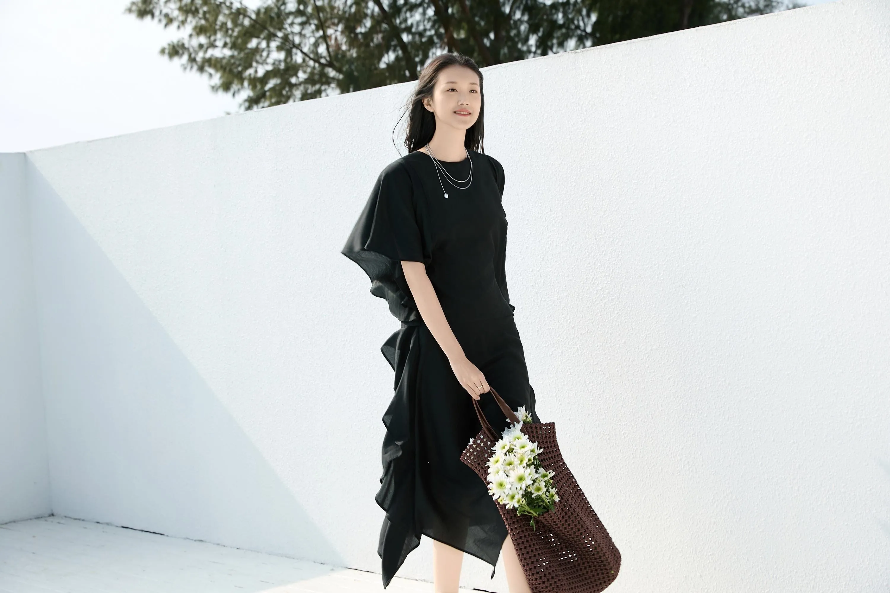 Elegant Black Draped Bell Sleeve Blouse & Skirt Set | Eco-Conscious Lyocell Fabric | Relaxed Round Neck