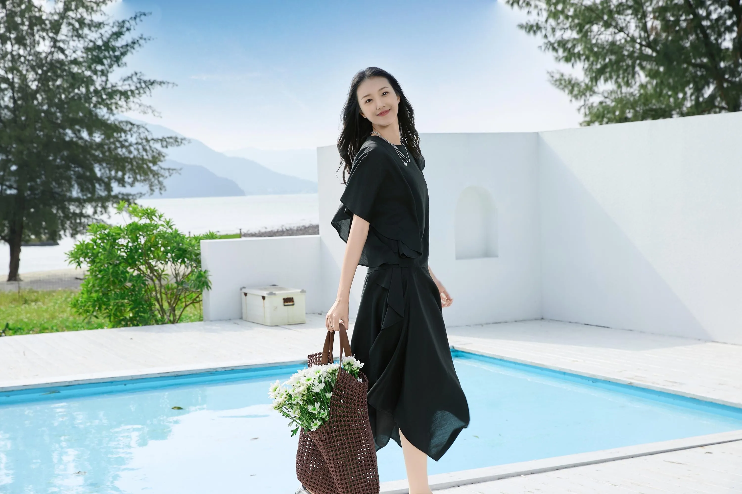 Elegant Black Draped Bell Sleeve Blouse & Skirt Set | Eco-Conscious Lyocell Fabric | Relaxed Round Neck