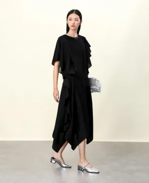 Elegant Black Draped Bell Sleeve Blouse & Skirt Set | Eco-Conscious Lyocell Fabric | Relaxed Round Neck