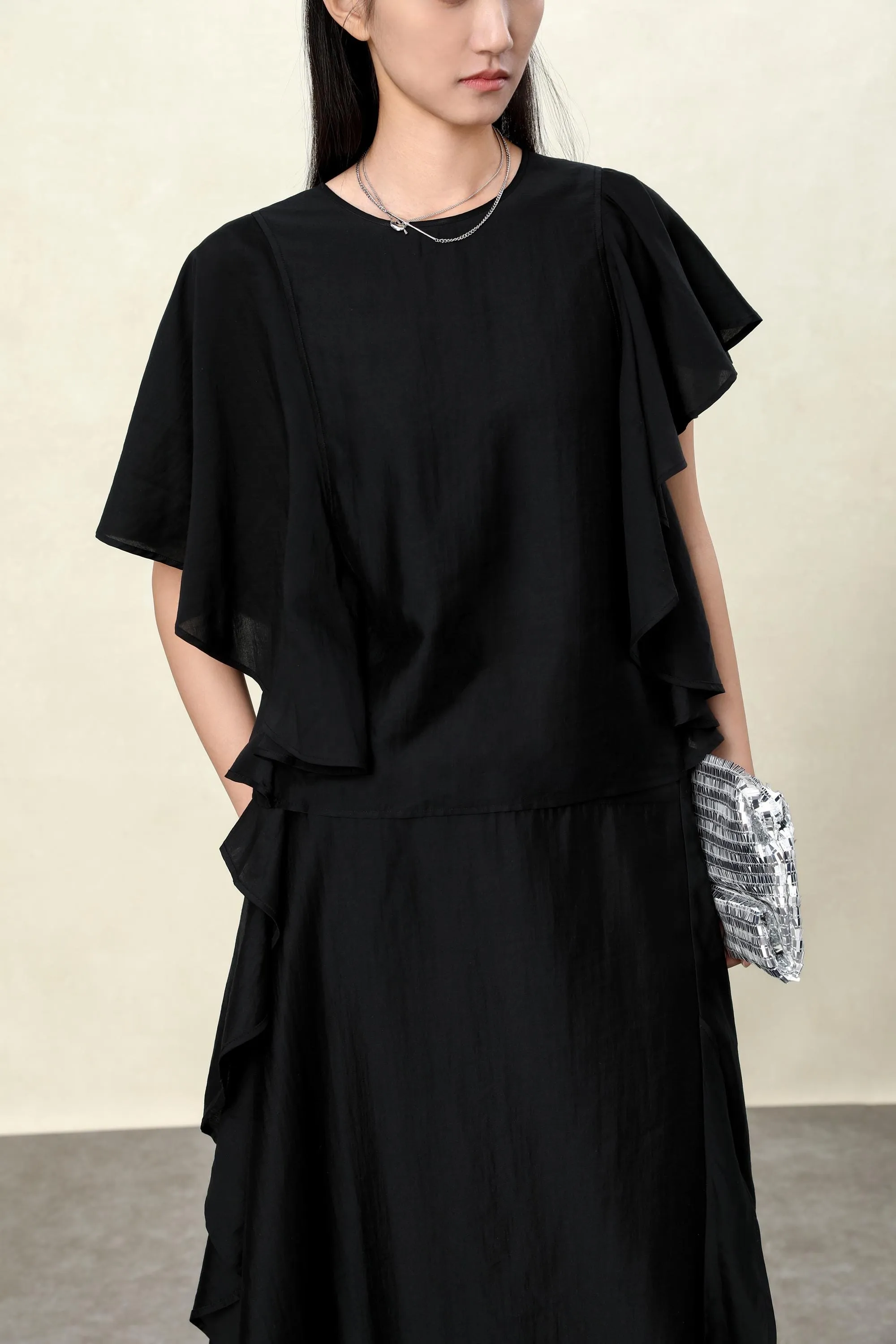 Elegant Black Draped Bell Sleeve Blouse & Skirt Set | Eco-Conscious Lyocell Fabric | Relaxed Round Neck