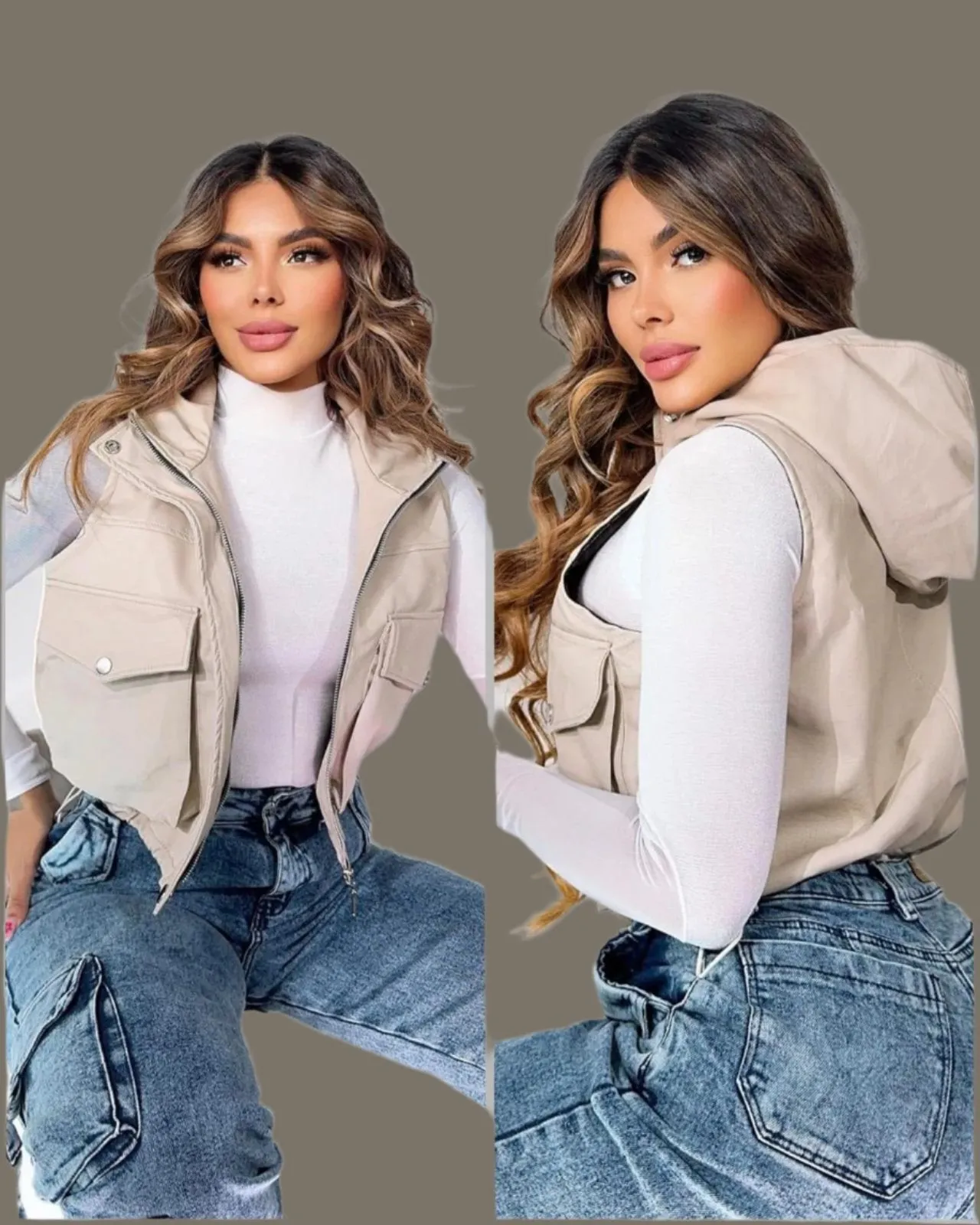Faux Leather Crop Vest with Hoodie