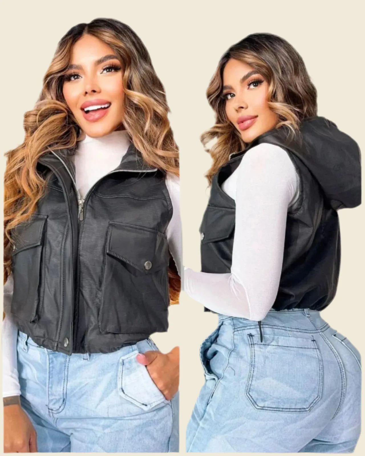 Faux Leather Crop Vest with Hoodie