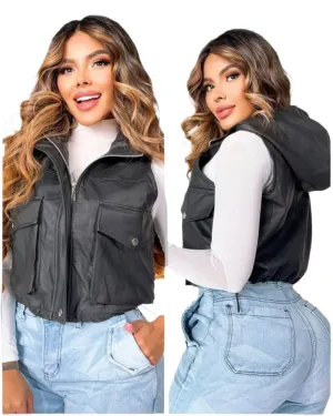 Faux Leather Crop Vest with Hoodie